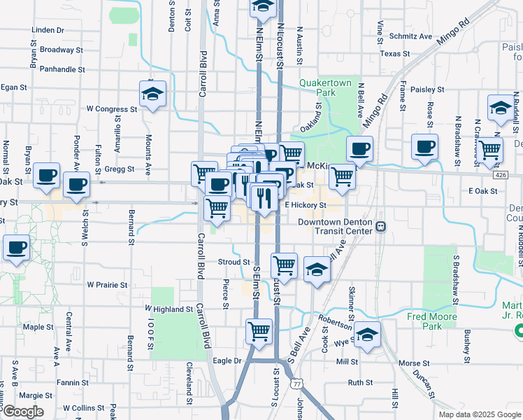 map of restaurants, bars, coffee shops, grocery stores, and more near 207 West Hickory Street in Denton