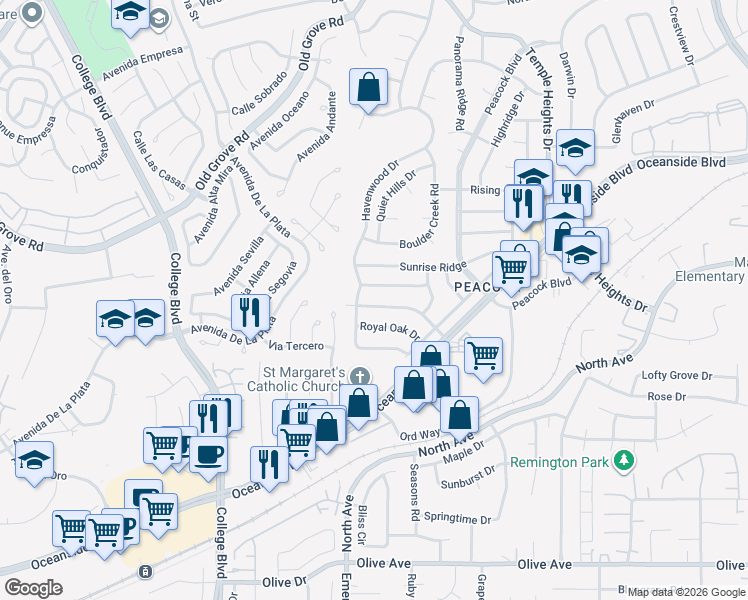 map of restaurants, bars, coffee shops, grocery stores, and more near 4521 Golden Ridge Drive in Oceanside