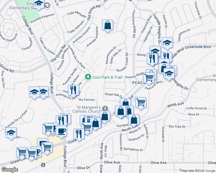 map of restaurants, bars, coffee shops, grocery stores, and more near 4530 Beverly Glen Drive in Oceanside