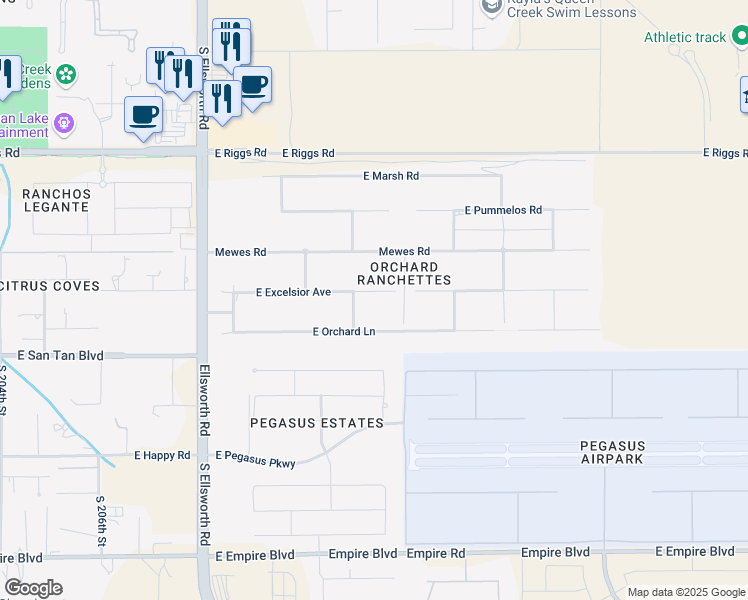map of restaurants, bars, coffee shops, grocery stores, and more near 21131 East Excelsior Avenue in Queen Creek