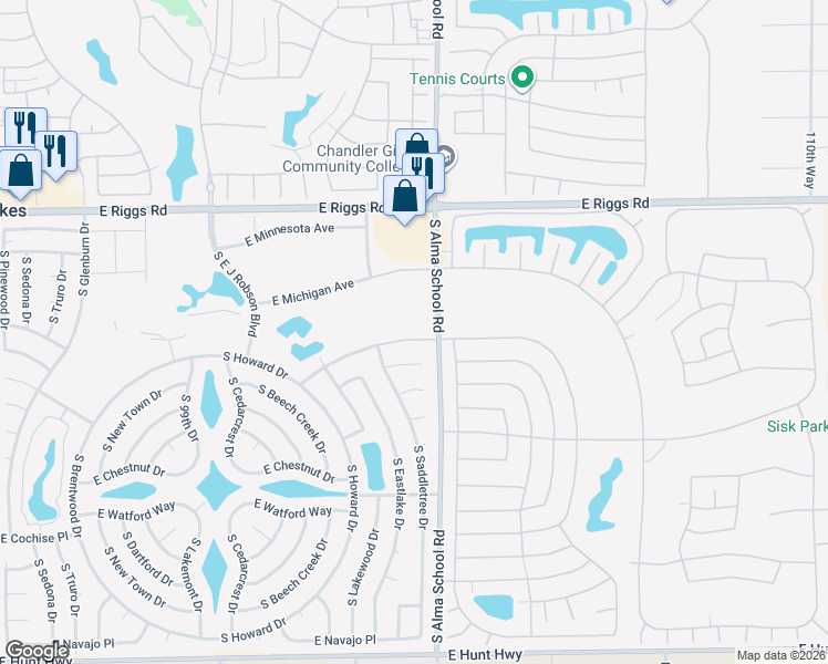 map of restaurants, bars, coffee shops, grocery stores, and more near 10326 East Spring Creek Road in Sun Lakes