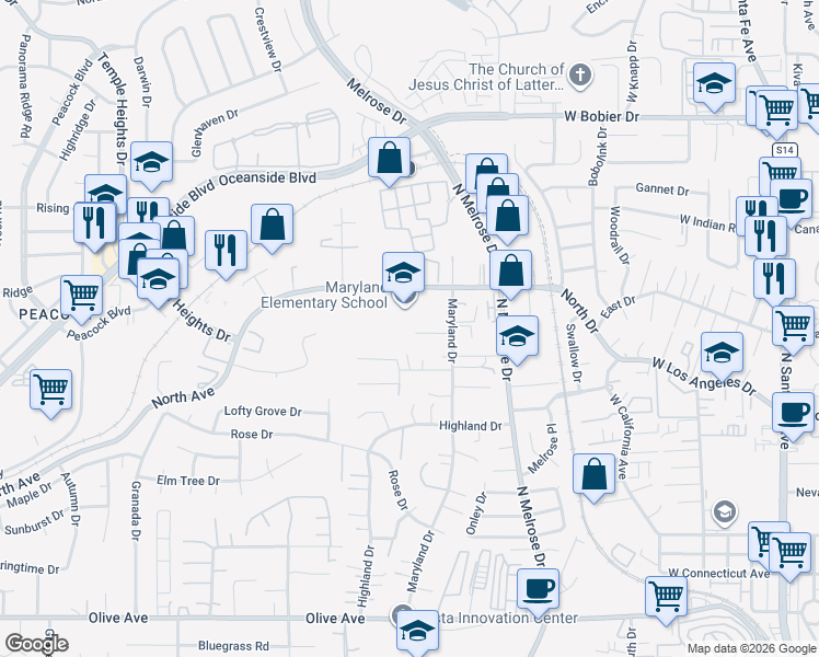 map of restaurants, bars, coffee shops, grocery stores, and more near 729 Karena Ct in Vista