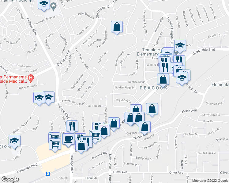 map of restaurants, bars, coffee shops, grocery stores, and more near 4522 Beverly Glen Drive in Oceanside