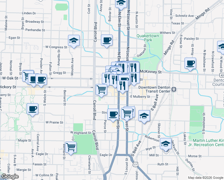 map of restaurants, bars, coffee shops, grocery stores, and more near 207 West Hickory Street in Denton