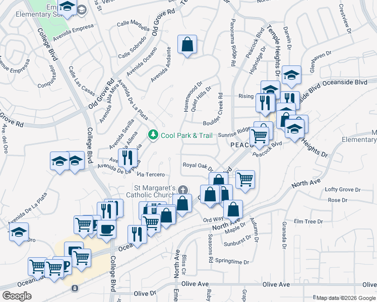 map of restaurants, bars, coffee shops, grocery stores, and more near 4530 Beverly Glen Drive in Oceanside