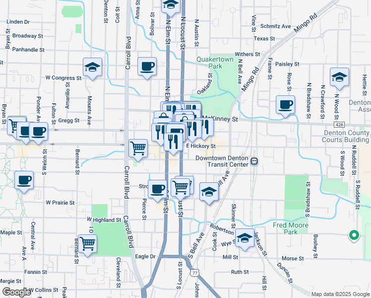 map of restaurants, bars, coffee shops, grocery stores, and more near in Denton