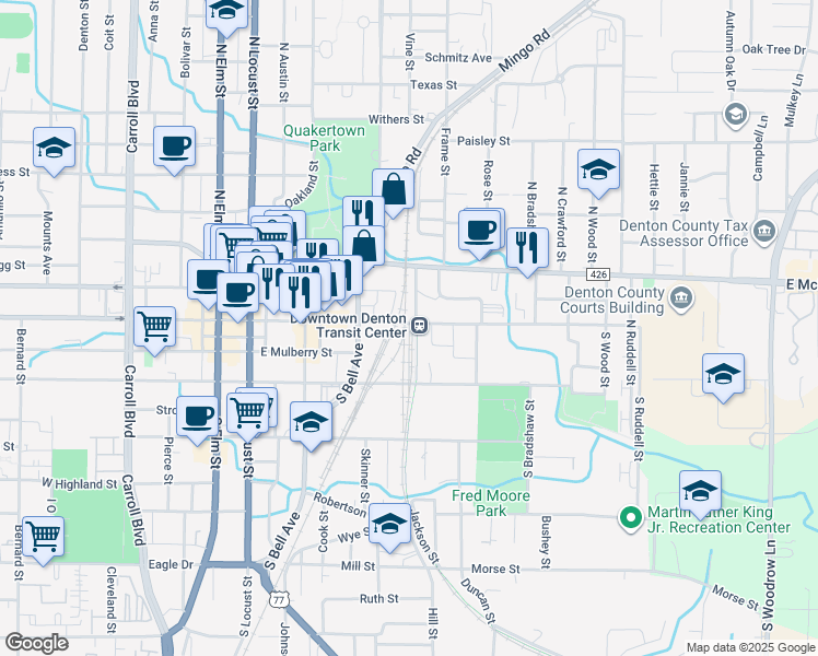 map of restaurants, bars, coffee shops, grocery stores, and more near 520 East Hickory Street in Denton