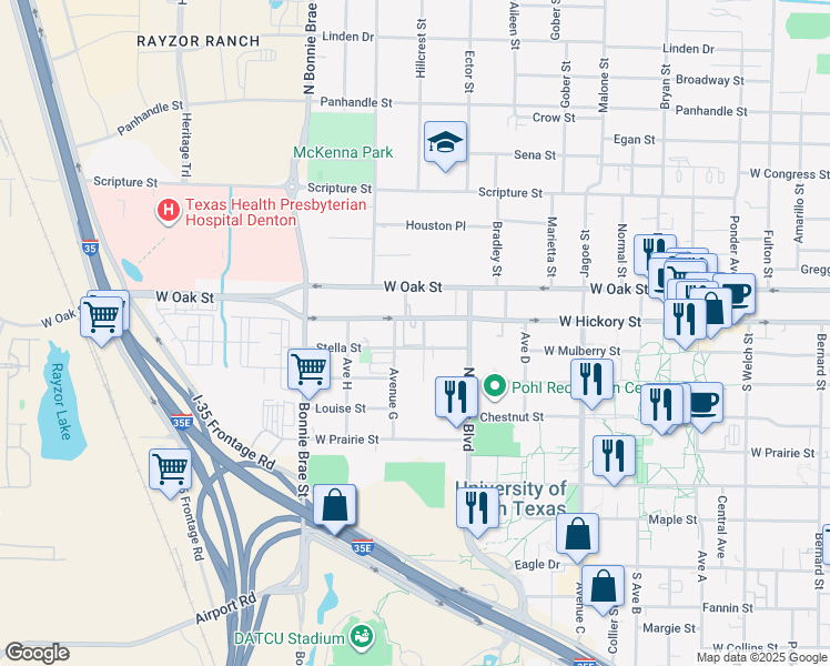 map of restaurants, bars, coffee shops, grocery stores, and more near 2119 West Hickory Street in Denton
