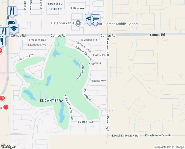 map of restaurants, bars, coffee shops, grocery stores, and more near 1602 East Azafran Trail in San Tan Valley
