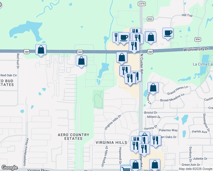 map of restaurants, bars, coffee shops, grocery stores, and more near 9228 Gossamer Street in McKinney
