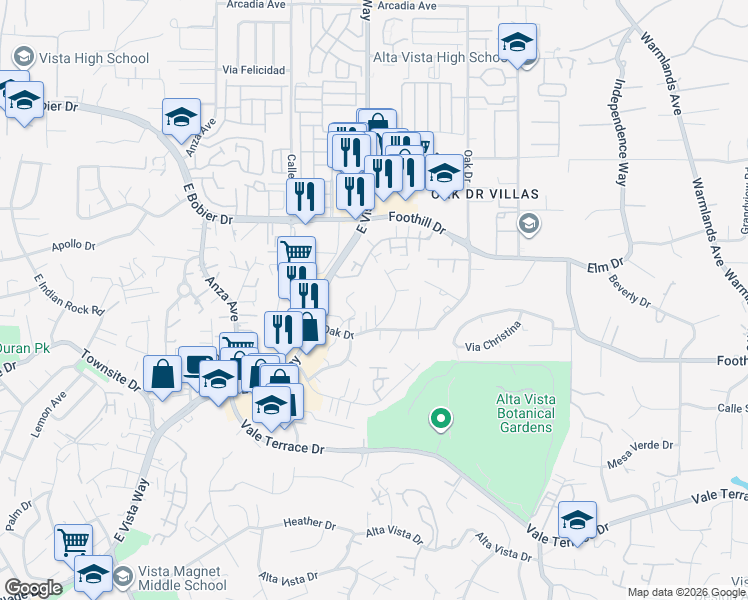 map of restaurants, bars, coffee shops, grocery stores, and more near 1030 Oak Drive in Vista