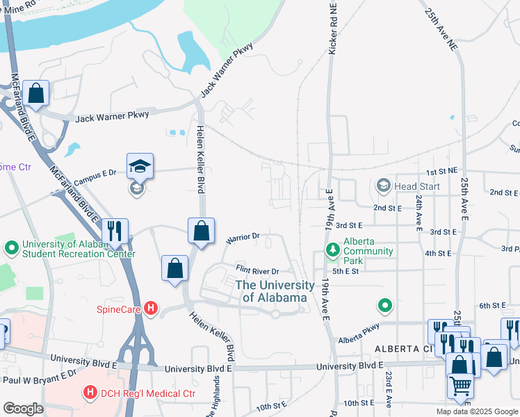 map of restaurants, bars, coffee shops, grocery stores, and more near A104 Helen Keller Boulevard in Tuscaloosa