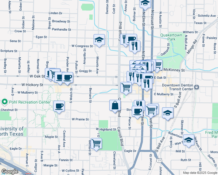 map of restaurants, bars, coffee shops, grocery stores, and more near 607 West Hickory Street in Denton