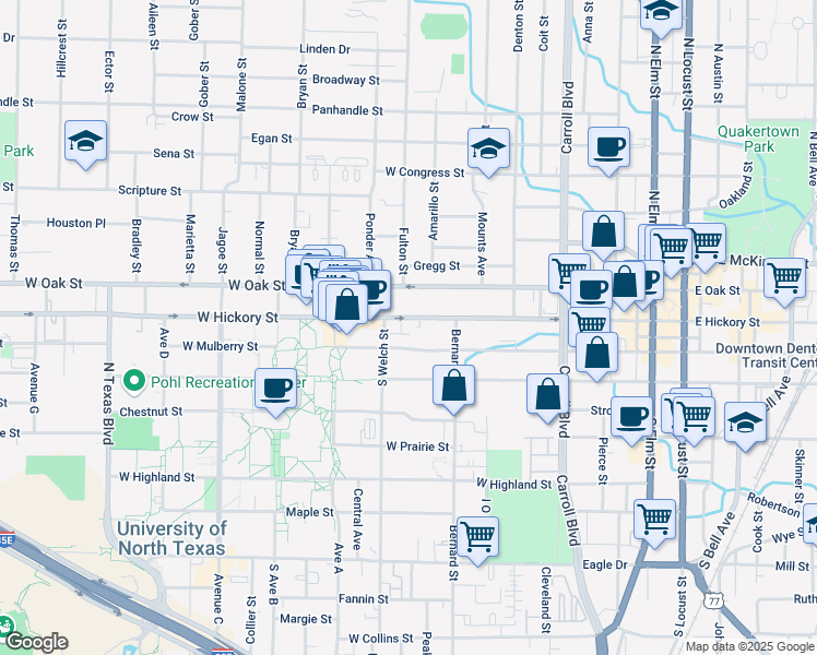map of restaurants, bars, coffee shops, grocery stores, and more near 1005 West Hickory Street in Denton