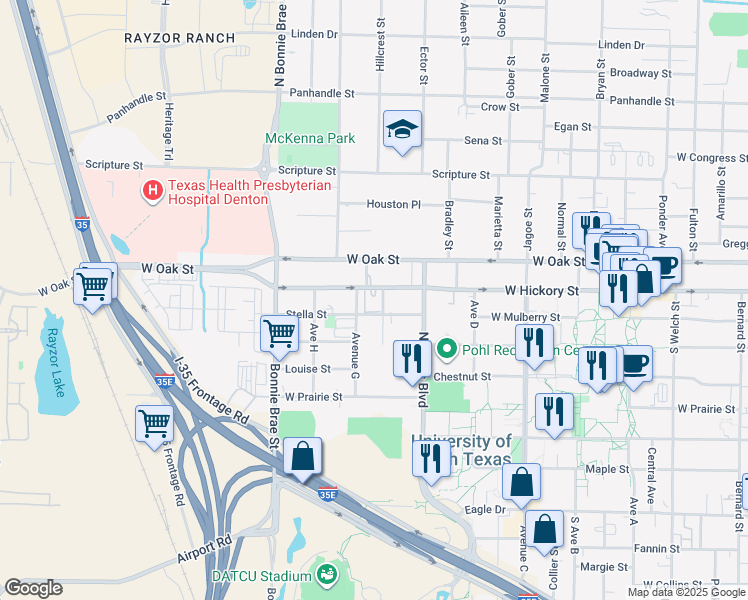 map of restaurants, bars, coffee shops, grocery stores, and more near 2119 West Hickory Street in Denton
