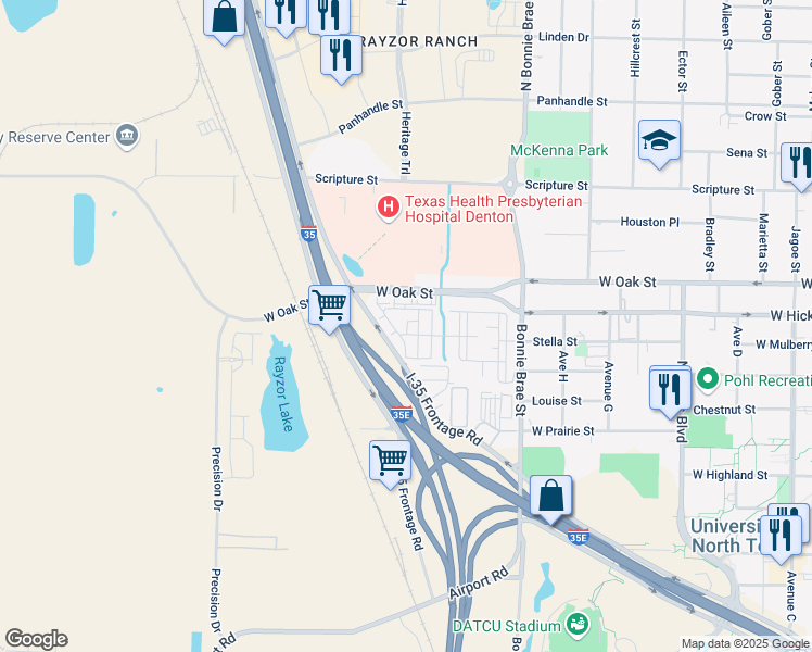 map of restaurants, bars, coffee shops, grocery stores, and more near 3537 West Oak Street in Denton
