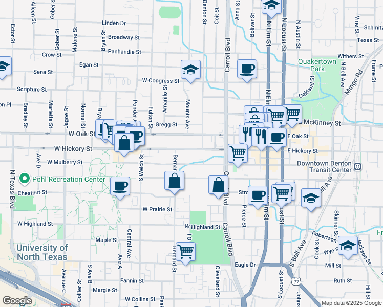 map of restaurants, bars, coffee shops, grocery stores, and more near 721 West Hickory Street in Denton