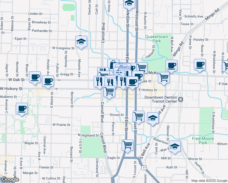 map of restaurants, bars, coffee shops, grocery stores, and more near 309 West Hickory Street in Denton