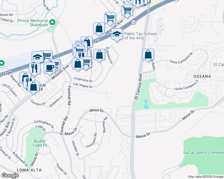 map of restaurants, bars, coffee shops, grocery stores, and more near 3410 Tonopah Street in Oceanside