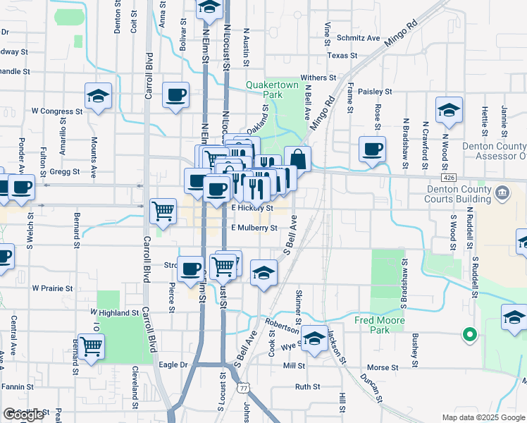 map of restaurants, bars, coffee shops, grocery stores, and more near 315a East Hickory Street in Denton