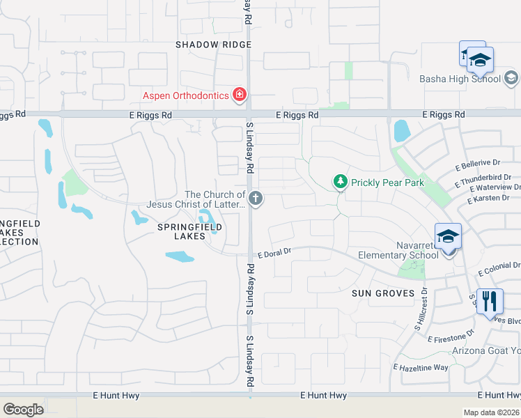 map of restaurants, bars, coffee shops, grocery stores, and more near 6345 South Lindsay Road in Chandler