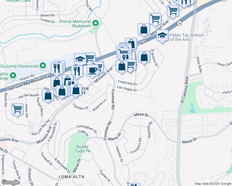 map of restaurants, bars, coffee shops, grocery stores, and more near 3313 Tonopah Street in Oceanside
