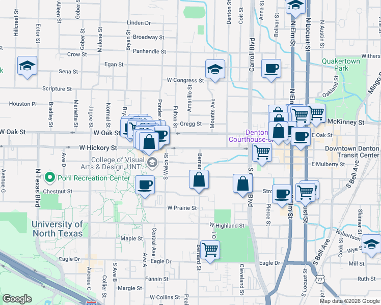 map of restaurants, bars, coffee shops, grocery stores, and more near 907 West Hickory Street in Denton