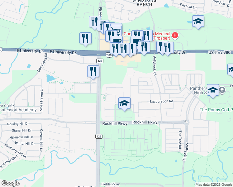 map of restaurants, bars, coffee shops, grocery stores, and more near 1394 Gordon Heights Lane in Frisco