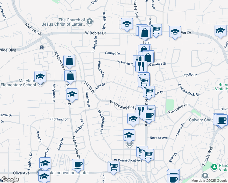 map of restaurants, bars, coffee shops, grocery stores, and more near 1042 Nita Lane in Vista