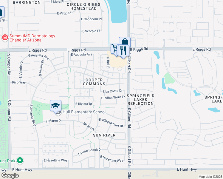 map of restaurants, bars, coffee shops, grocery stores, and more near 2880 East La Costa Drive in Chandler