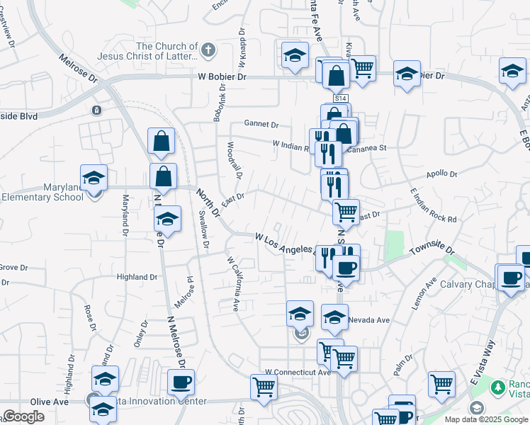 map of restaurants, bars, coffee shops, grocery stores, and more near 1042 Nita Lane in Vista