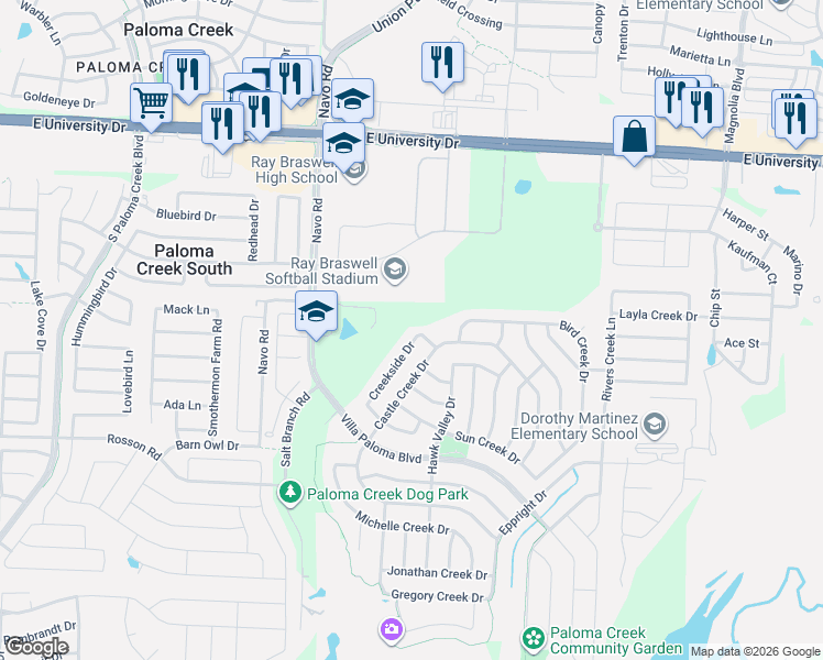 map of restaurants, bars, coffee shops, grocery stores, and more near 600 Creekside Drive in Little Elm