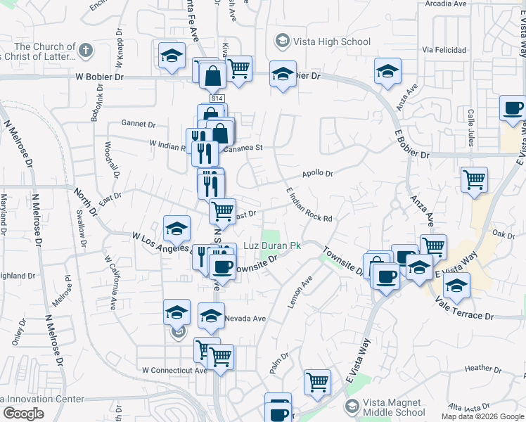 map of restaurants, bars, coffee shops, grocery stores, and more near E East Dr in Vista