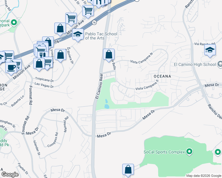 map of restaurants, bars, coffee shops, grocery stores, and more near 3621 Vista Campana North in Oceanside