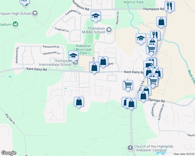 map of restaurants, bars, coffee shops, grocery stores, and more near 170 Jasmine Drive in Alabaster