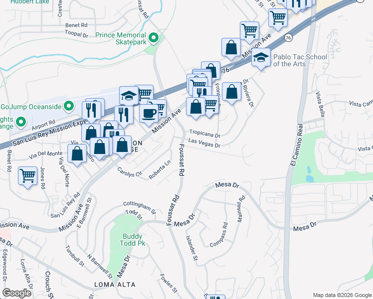 map of restaurants, bars, coffee shops, grocery stores, and more near 3313 Tonopah Street in Oceanside