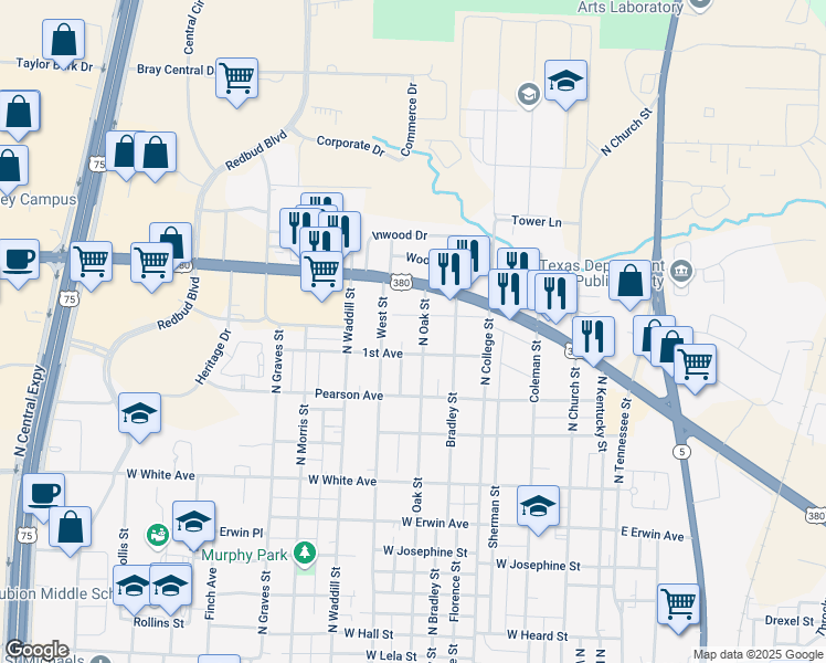map of restaurants, bars, coffee shops, grocery stores, and more near 1710 North Oak Street in McKinney