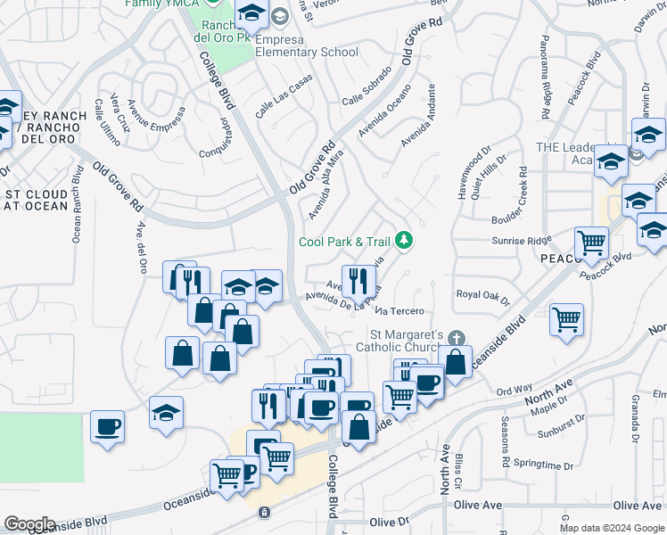 map of restaurants, bars, coffee shops, grocery stores, and more near 1821 Avenida Sevilla in Oceanside