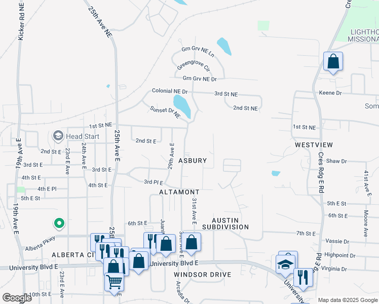 map of restaurants, bars, coffee shops, grocery stores, and more near 209 30th Avenue East in Tuscaloosa