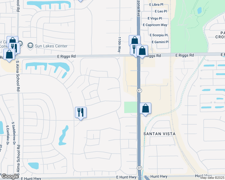 map of restaurants, bars, coffee shops, grocery stores, and more near 11021 East Twilight Court in Sun Lakes
