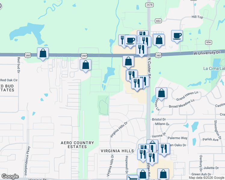 map of restaurants, bars, coffee shops, grocery stores, and more near 9228 Gossamer Street in McKinney