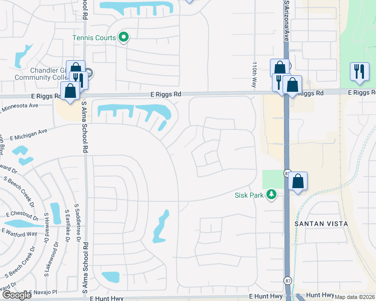 map of restaurants, bars, coffee shops, grocery stores, and more near 10808 East Silvertree Drive in Sun Lakes