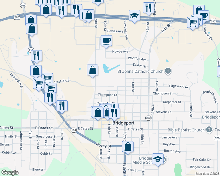 map of restaurants, bars, coffee shops, grocery stores, and more near 1008 Turkey Creek Court in Bridgeport