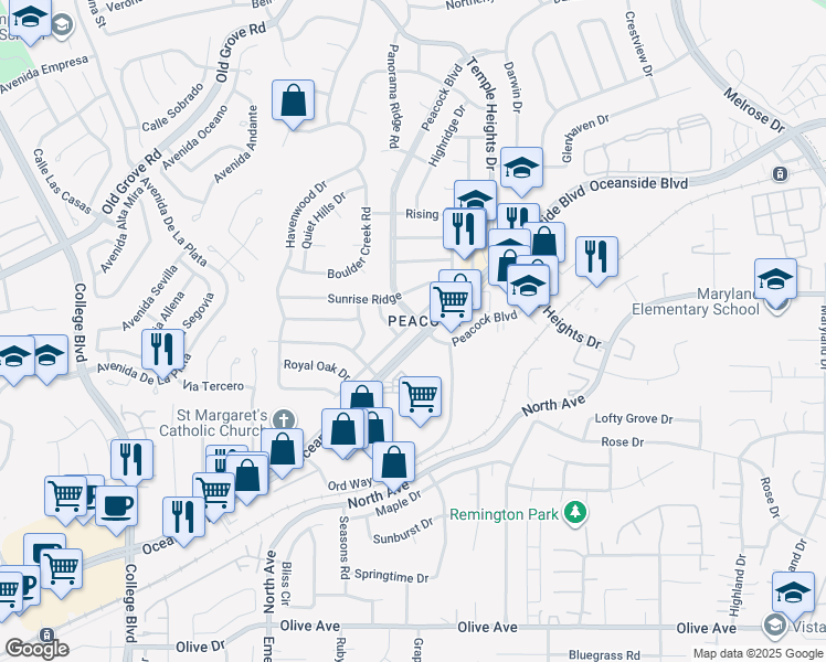 map of restaurants, bars, coffee shops, grocery stores, and more near 4617 Westridge Drive in Oceanside