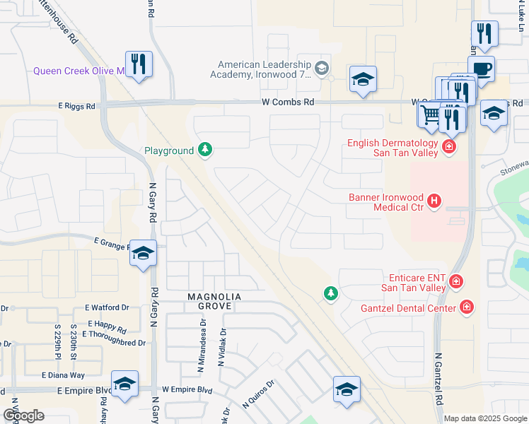map of restaurants, bars, coffee shops, grocery stores, and more near 36932 North Coronado Lane in San Tan Valley
