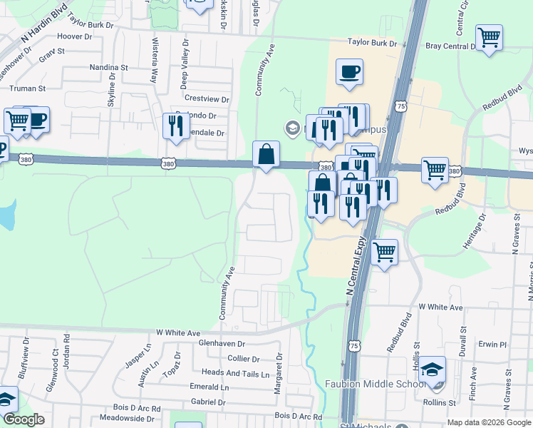 map of restaurants, bars, coffee shops, grocery stores, and more near 2405 Shenfield Drive in McKinney