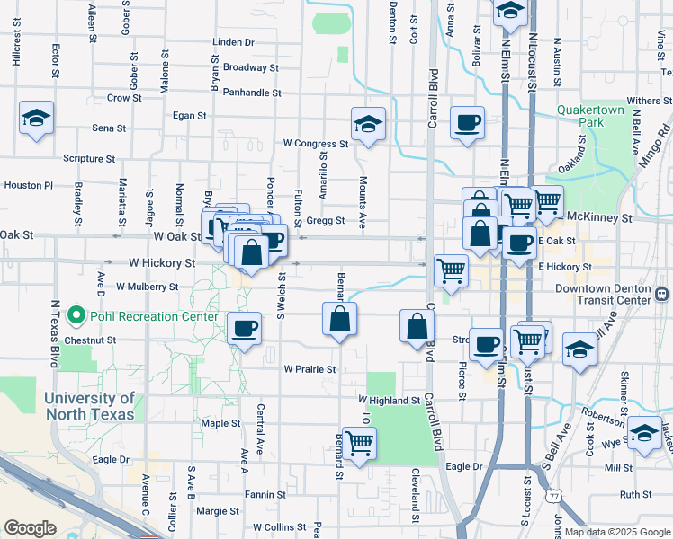 map of restaurants, bars, coffee shops, grocery stores, and more near 907 West Hickory Street in Denton