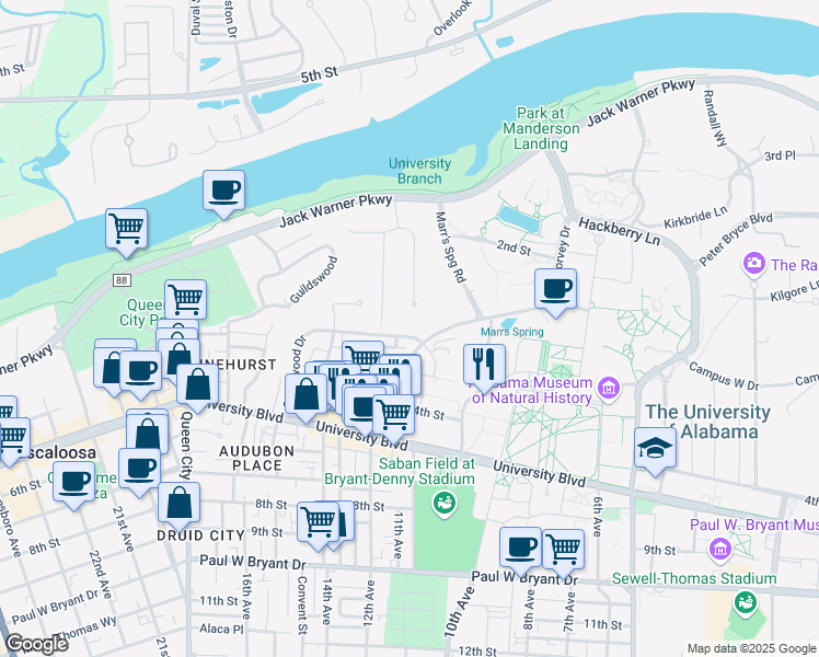 map of restaurants, bars, coffee shops, grocery stores, and more near 1002 Riverside Drive in Tuscaloosa