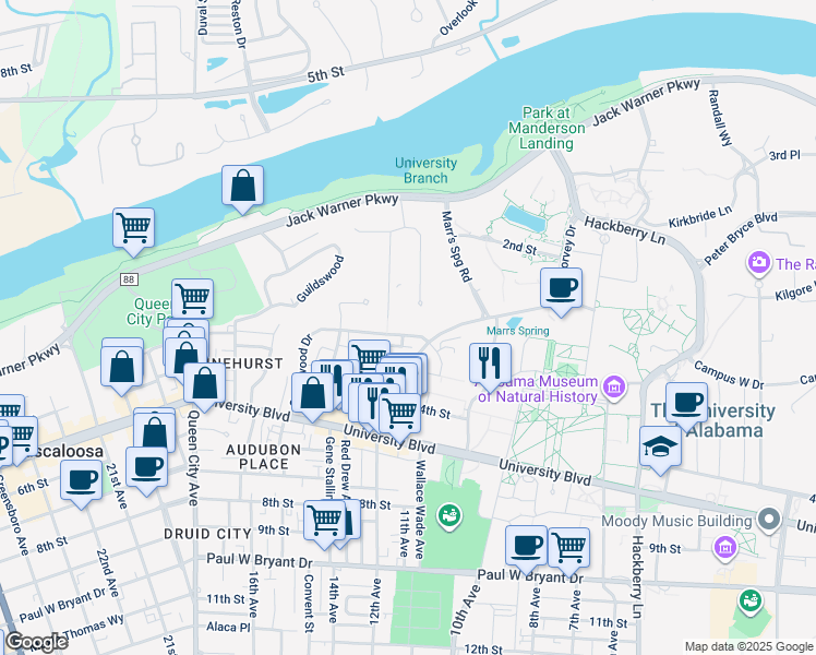 map of restaurants, bars, coffee shops, grocery stores, and more near 1002 Riverside Drive in Tuscaloosa