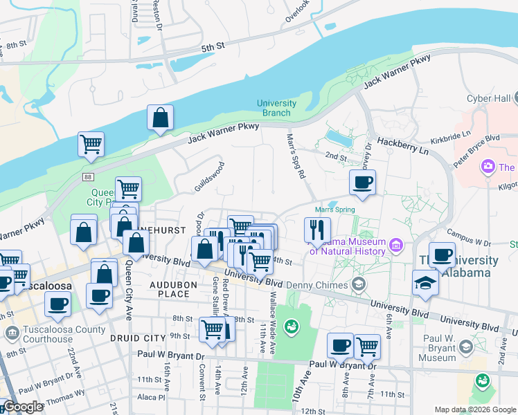 map of restaurants, bars, coffee shops, grocery stores, and more near 1002 Riverside Drive in Tuscaloosa